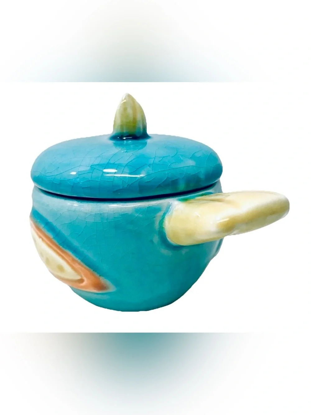 Vintage Blue Bird Yellow Tailed Lidded Crackle Glaze Ceramic Trinket Box Jar